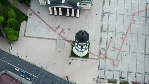 Drone Ascending At Bell Tower Of Vilnius Cathedral In The Old Town Of Vilnius, Lithuania. Aerial Sho