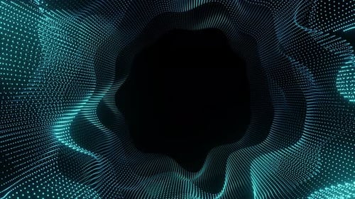Dynamic 3D digital particle wave forming a circular frame with empty black center