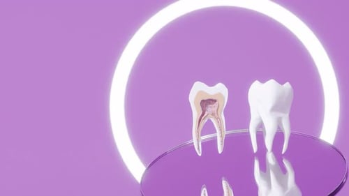 Molar tooth cross section dentist studio implants diagnosis mockup rotate above dentist mirror 3d re