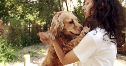 Woman Playing with Her Dog Hugs Kiss and Pose Nicely Human Animal Friendship
