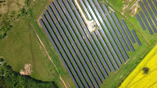 Symmetrical solar rows on sunny farmland producing clean energy
