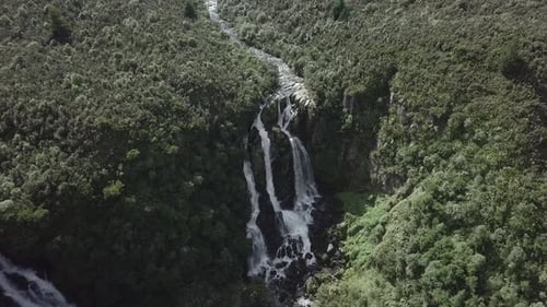 Aerial View of the Great Mountains and the Natural Waterfall Waipunga Falls New Zealand