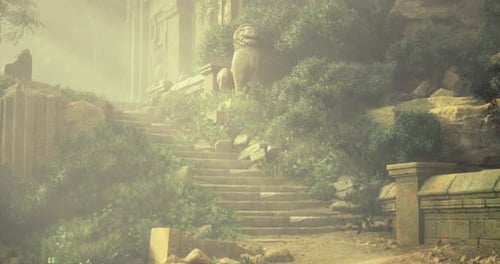 Ruines mystérieuses avec un ancien lion de pierre et des marches envahies par la végétation dans une lumière brumeuse