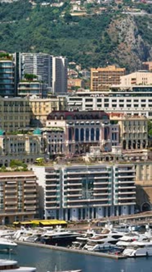 Aerial view of the skyline of Monaco in daylight. Vertical