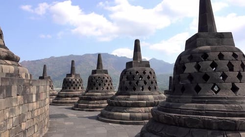 Stupas ring the top level of Borobudur Temple in Java.