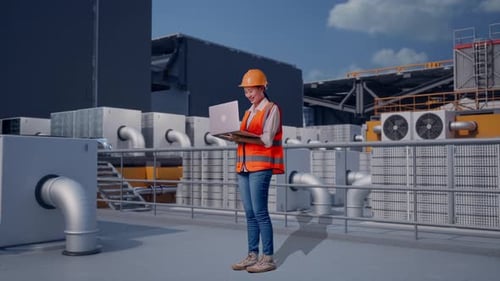 Full Body Side View Of Asian Female Engineer Working On A Laptop On Rooftop HVAC