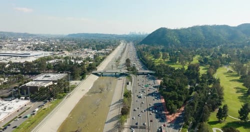 Traffic on a highway junction. Aerial view of road interchange