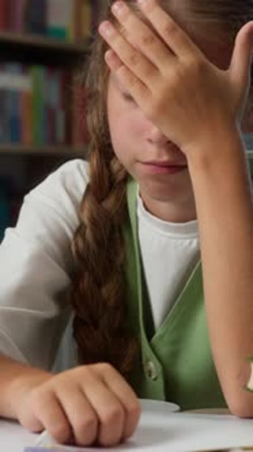 Boring Tired Frustrated Unmotivated Caucasian Little Girl Child Kid in Class with Book Studying