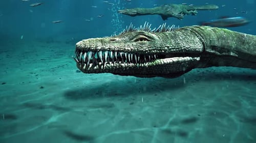 Nothosaurier, Dinosaurier, Monster mit scharfen Zähnen am Meeresboden, Nahaufnahme