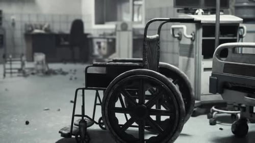 Abandoned Hospital Room Featuring a Deteriorating Wheelchair Among Debris