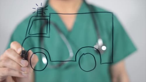 Medical Professional Draws an Ambulance with Marker