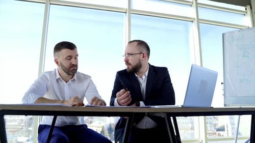 Business work. Business conversation between serious partners in office on windows background.