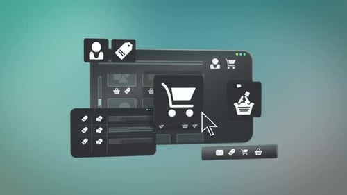 Product is placed in shopping cart in online shop animation on gradient background