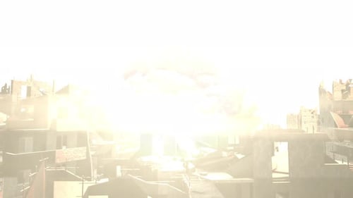 Atombombe steigt hinter der zerstörten Stadt