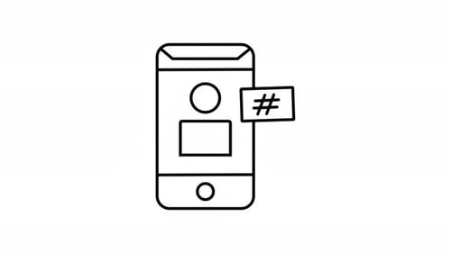 Animated smartphone with profile and hashtag for social media
