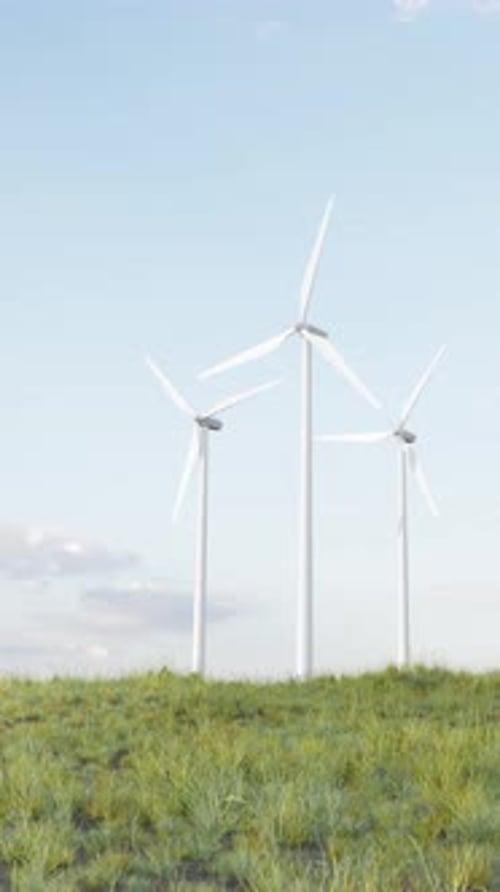 Rotierende Rotorblätter von Windturbinen im grünen Feld unter blauem Himmel Vertikale Animation