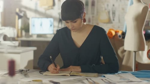 Beautiful Female fashion, designer, Artist Sitting at Her Desk Drawing Sketches for the New Clothi
