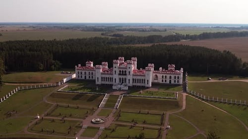 Luxurious Palace with Park Area with Statues and Fountain in Town of Kossovo Belarus Bird'seye View