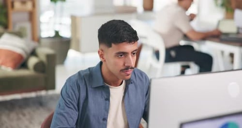 Ideas, computer and businessman in office with research for software development project
