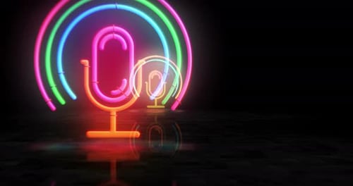 Microphone icon music podcast symbol neon symbol 3d flight between