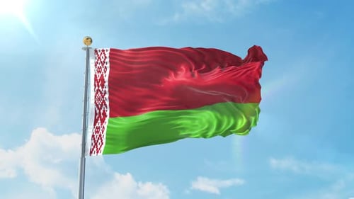 Dynamic Belarus Flag Waving in Clear Blue Sky
