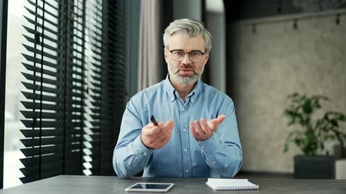 Webcam view. Confident mature gray haired bearded businessman talking on a video call looking