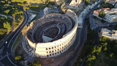 Golden Hour of Iconic Colosseum - Tranquil Aerial Scene at Sunrise, Rome, Italy