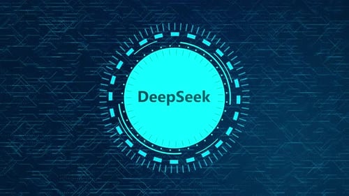 Conceito futurista de DeepSeek 4K com elementos HUD rotativos e design de circuitos