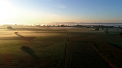 4K aerial slow motion flight at sunrise over foggy agricultural fields in germany