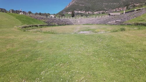 Ancient Theater Archaeological Site Of Ancient Messene In Peloponnese, Greece - Tilt Up Shot