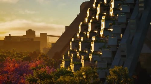 El amanecer ilumina la arquitectura moderna entre una vegetación vibrante en un entorno urbano