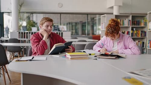 Engaged Students Studying Together in Sunny Library
