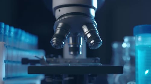 Close Up of Microscope in Dark Lab