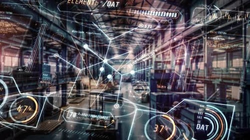 Futuristische Oberfläche zur Anzeige von Daten und Statistiken in einer modernen Fabrikumgebung