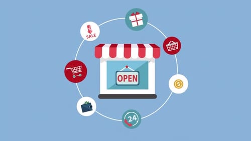 Animated Storefront with Business Service Icons Flat Design