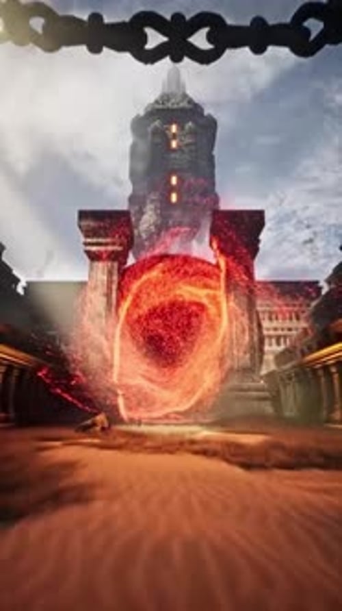 A Red Glowing Ring Portal Nestled Between Two Towering Mountain Walls: A Gateway to an Enigmatic Rea