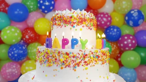 Festive Birthday Cake with Lit Candles and Balloons
