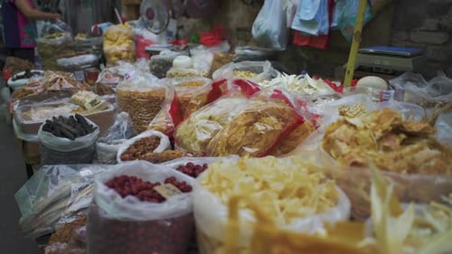 Macau - Closeup of assorted dried produce at a street market
