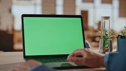 Freelancer Hands Swiping Chromakey Laptop at Office Closeup Man Reading News