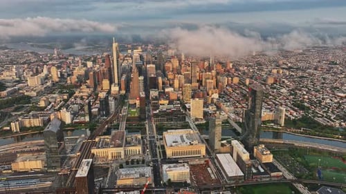 An aerial view of a large city with tall buildings