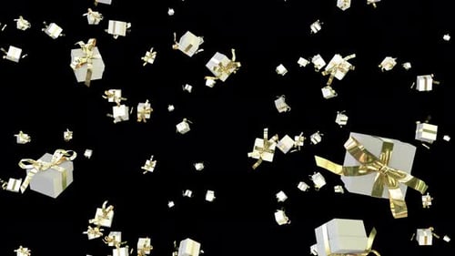 Elegante weiße und goldene Weihnachtsgeschenkboxen, die in einer nahtlosen Schleifenanimation fallen