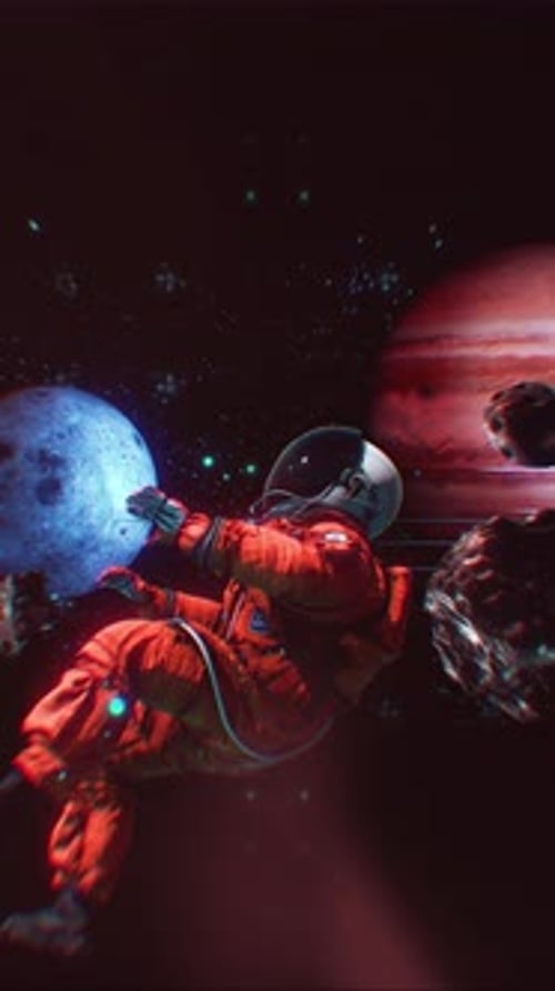 Futuristic Astronaut Floating Among Planets with Digital Grid Overlay