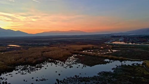 Rural Wetlands at Sunrise Aerial View
