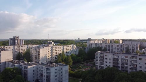 AERIAL Panning and Ascending to the side shot of a Soviet Planned Residential District Seskine in Vi