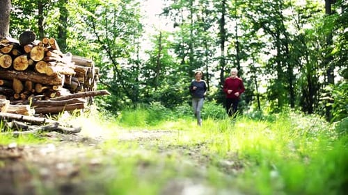 Senior Couple Trail Run in Sunny Forest