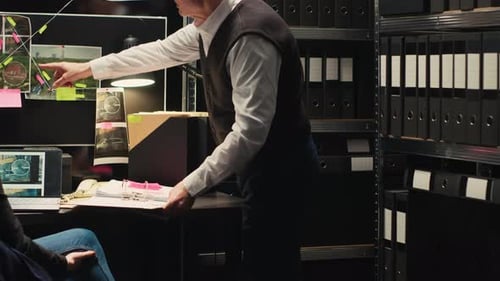 Detectives Reviewing Case Files in Dark Office