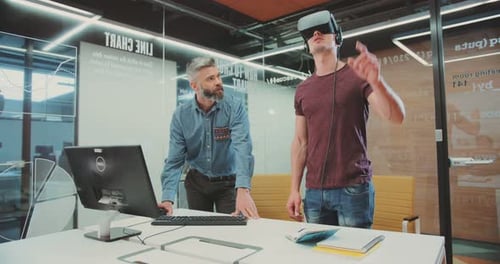 NEW YORK April 5 2017Young Man Touching Something in Space Professor Developing New Software Nice