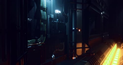 Exploring a Futuristic Industrial Corridor with Glowing Panels and Cables
