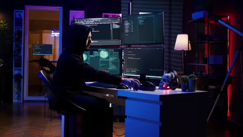 Un hacker vole des numéros de cartes de crédit tout en écoutant de la musique avec des écouteurs
