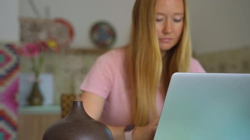 The Video Features a Young Woman Sitting at a Desk in Her Apartment Working on Her Laptop